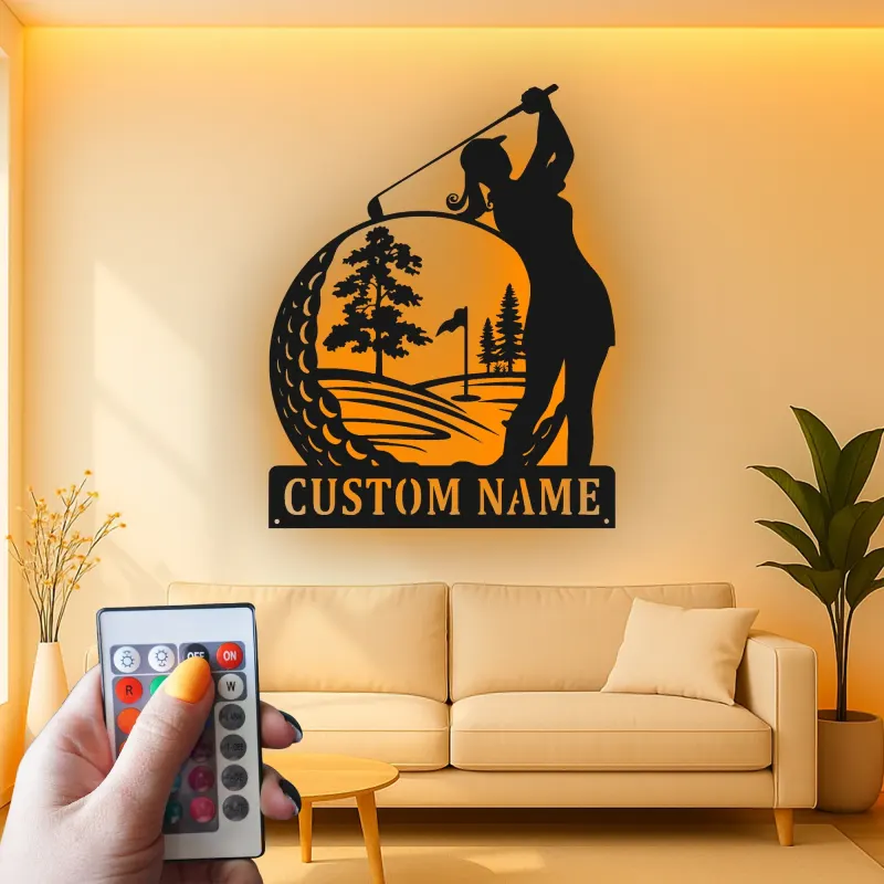 Personalized Golfer LED Sign | Custom Metal Wall Art for Her | Clubhouse & Home Bar Decor | Golf Gift