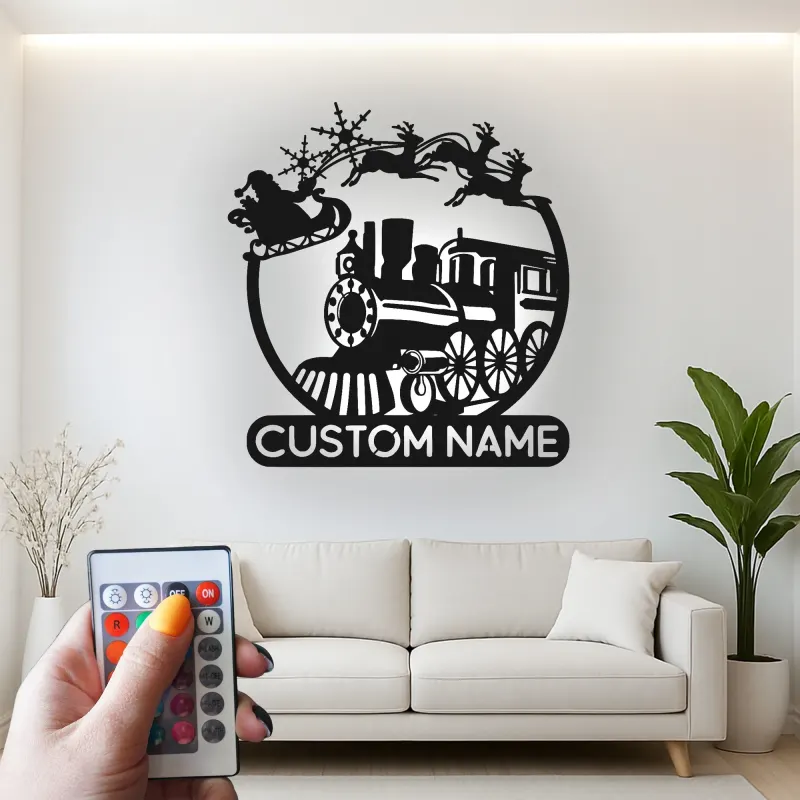 Custom Santa Train Led Light Metal Wall Art Personalized Christmas Gift for Families Holiday Living Room Decor