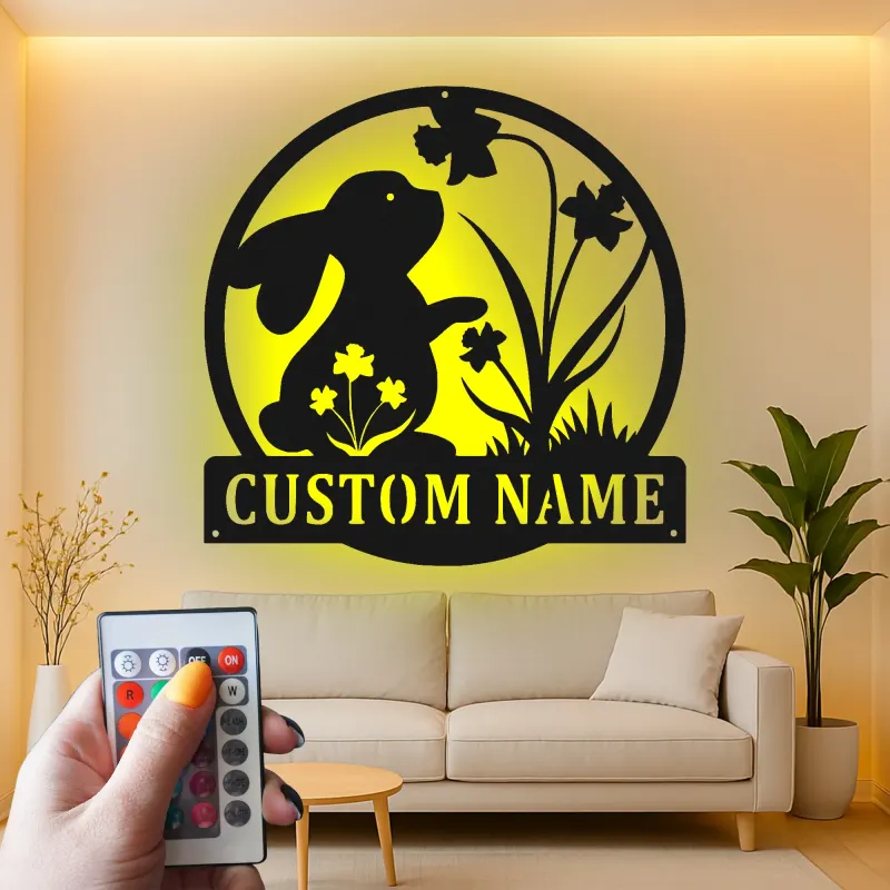 Insegna in metallo LED personalizzata con coniglio e fiori, regalo per nursery, decorazione per stanza dei bambini