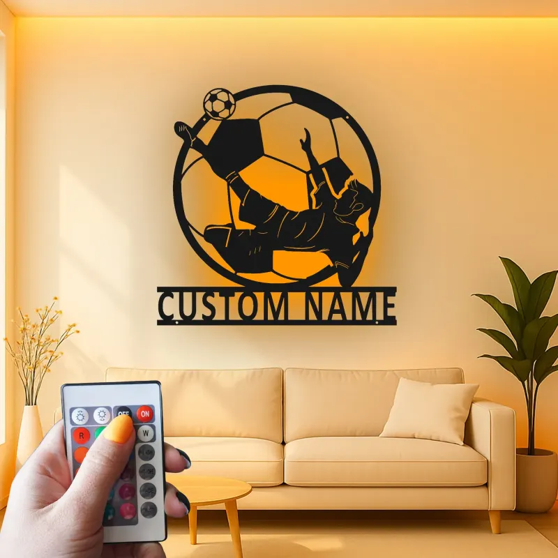 Panneau Métallique de Joueur de Soccer Personnalisé | Décoration Murale LED de Nom pour Chambre de Garçon | Silhouette de Coup de Pied de Bicyclette | Cadeau pour Athlète