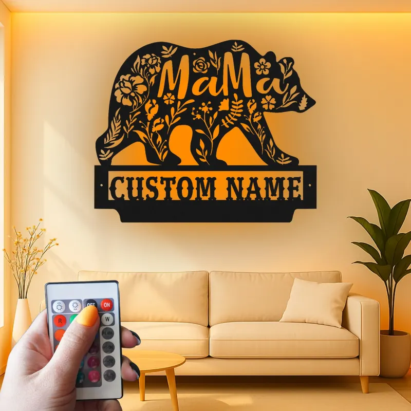 Arte mural de oso mamá | Cartel LED personalizado para cabaña de mamá | Decoración rústica de vida salvaje floral