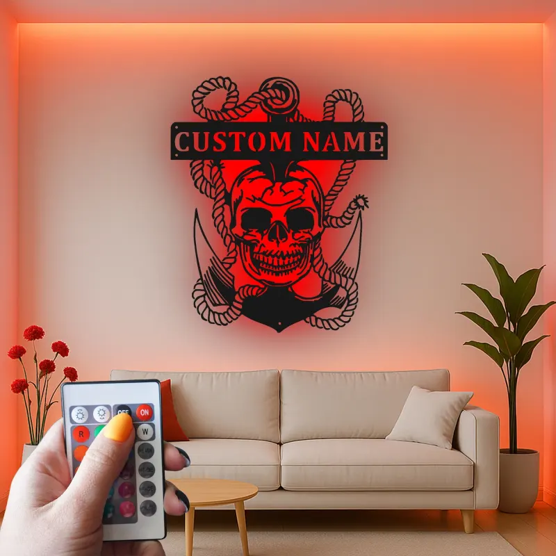 Insegna LED Teschio Pirata con Ancora | Arte Murale in Metallo Personalizzata | Decorazione Nautica per Man Cave e Regalo Personalizzato per Marinai