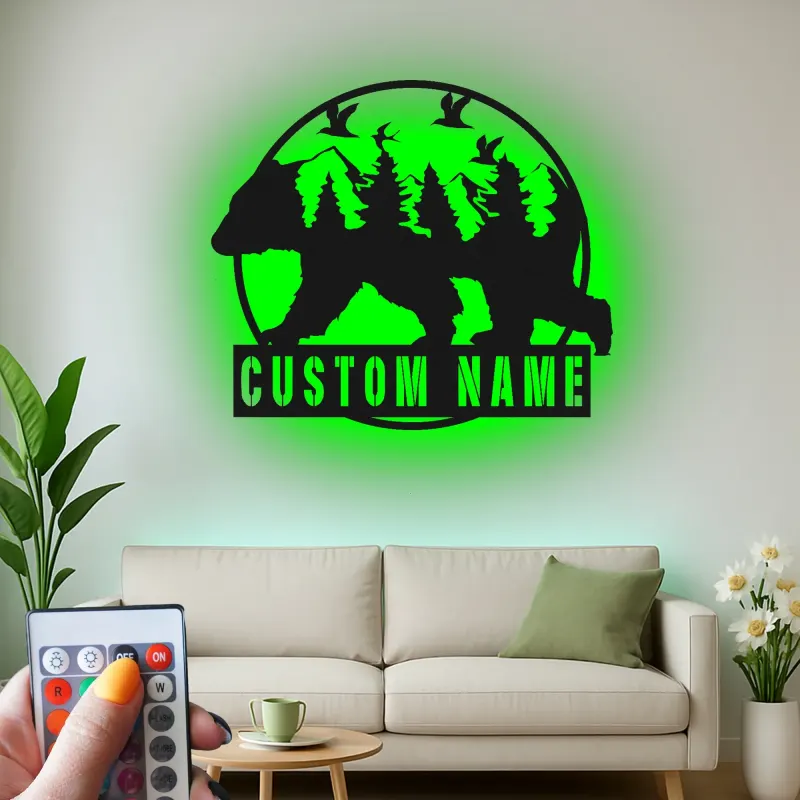 Custom Bear Forest Led Light Metal Wall Art Personalized Gift for Nature Lovers Cabin or Lodge Decor 1