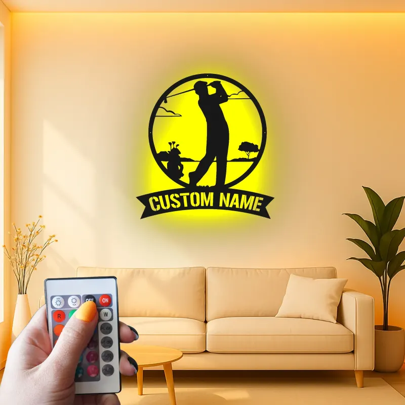 Panneau métallique personnalisé pour golfeur | Décoration murale LED personnalisée | Cadeau pour amateur de golf | Déco de man cave et bar à domicile