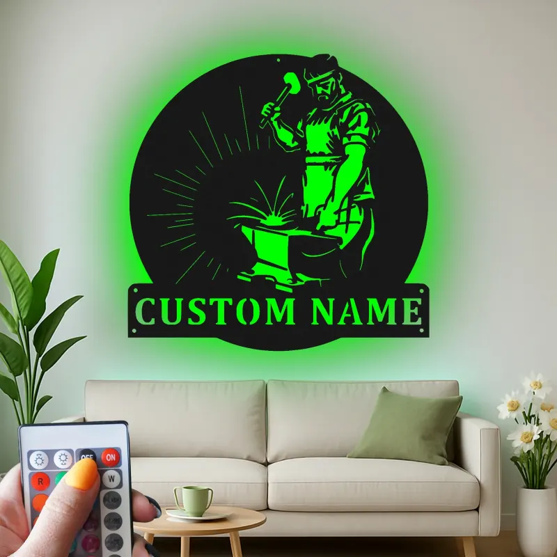 Décoration murale en métal personnalisée pour forgeron avec rétroéclairage LED - Cadeau pour artisans