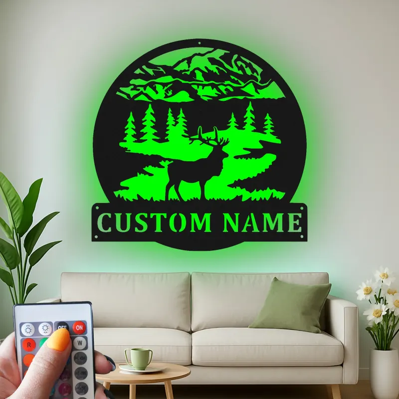 Insegna in metallo personalizzata con luce LED a forma di cervo - Regalo per amanti della natura per cabine o lodge