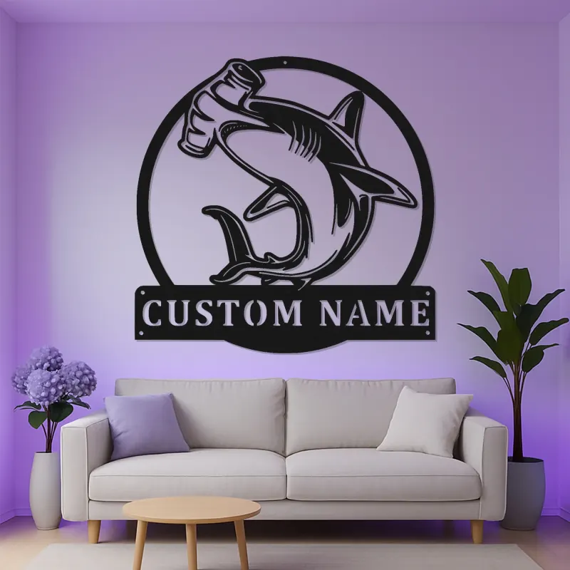 Cartel personalizado de tiburón martillo | Arte mural LED de metal personalizado | Decoración de depredador oceánico para cueva del hombre u oficina | Regalo para pescador