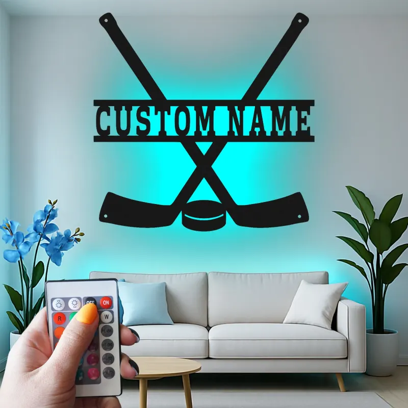 Panneau LED hockey personnalisé | Décoration murale en métal personnalisée | Déco salle de jeux et chambre ado | Cadeau pour joueur de hockey