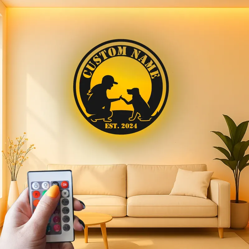 Cartel de metal personalizado con silueta de perro y dueño y luz LED, regalo para amantes de mascotas, decoración para salón