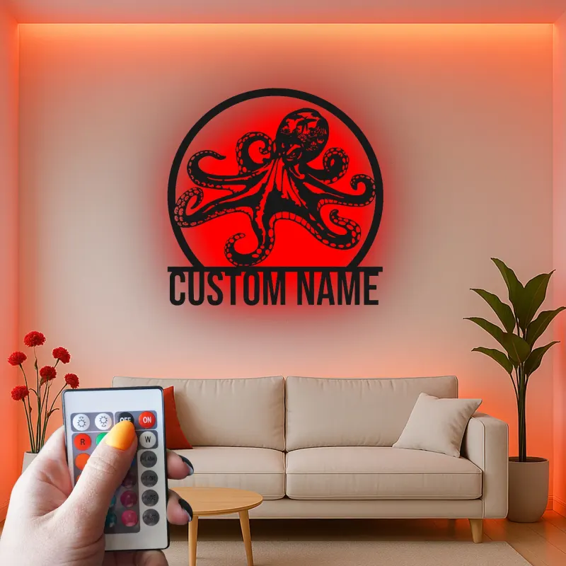 Décoration murale LED en métal pieuvre personnalisée | Plaque avec nom sur mesure | Déco nautique pour bureau et maison côtière | Cadeau pour amoureux de l’océan