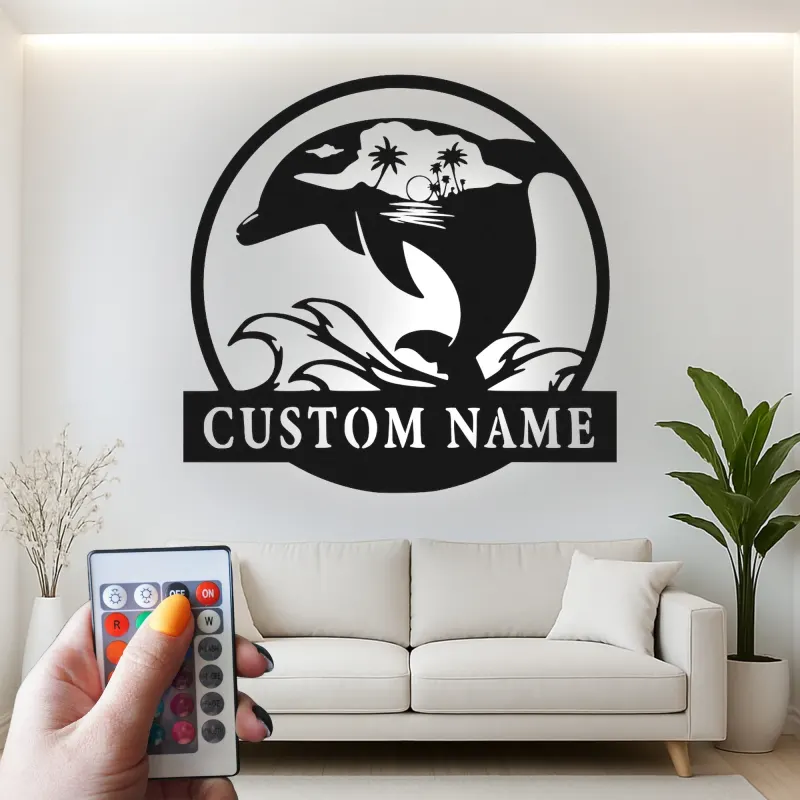 Custom Dolphin Ocean Scene Led Light Metal Wall Art Personalized Beach Lover Gift Coastal Living Room Decor