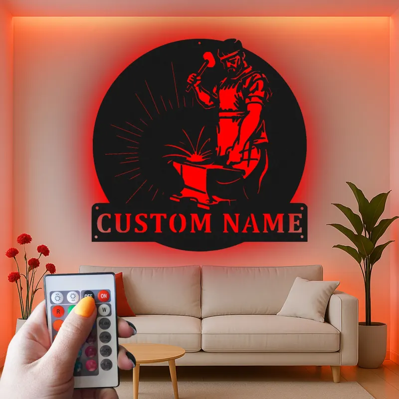 Décoration murale en métal personnalisée pour forgeron avec rétroéclairage LED - Cadeau pour artisans
