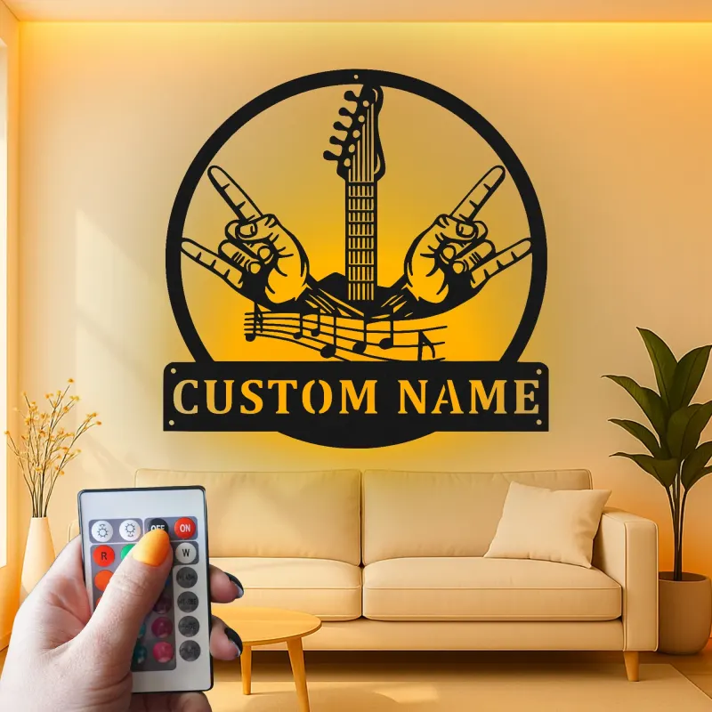 Personalized Guitar LED Sign | Custom Metal Wall Art for Studio | Musician Name Plaque | Rock Music Decor Gift for Guitarist