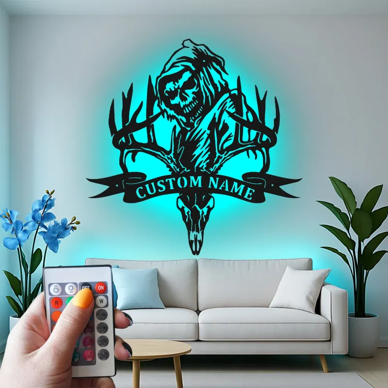 Plaque en métal Tête de cerf et Faucheuse | Décoration murale LED personnalisée pour chasseur | Déco sur mesure pour man cave et lodge