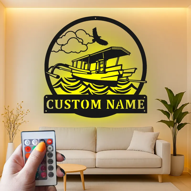 Insegna Personalizzata per Barca Pontoon con LED | Arte Murale in Metallo Personalizzata | Decorazione Nautica per Casa al Lago e Regalo per Naviganti