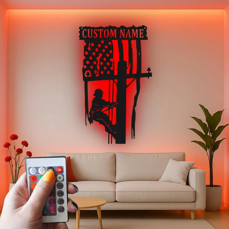 Custom Lineman Metal Sign | Personalized American Flag LED Art | Patriotic Electrician Gift | Utility Worker Wall Decor