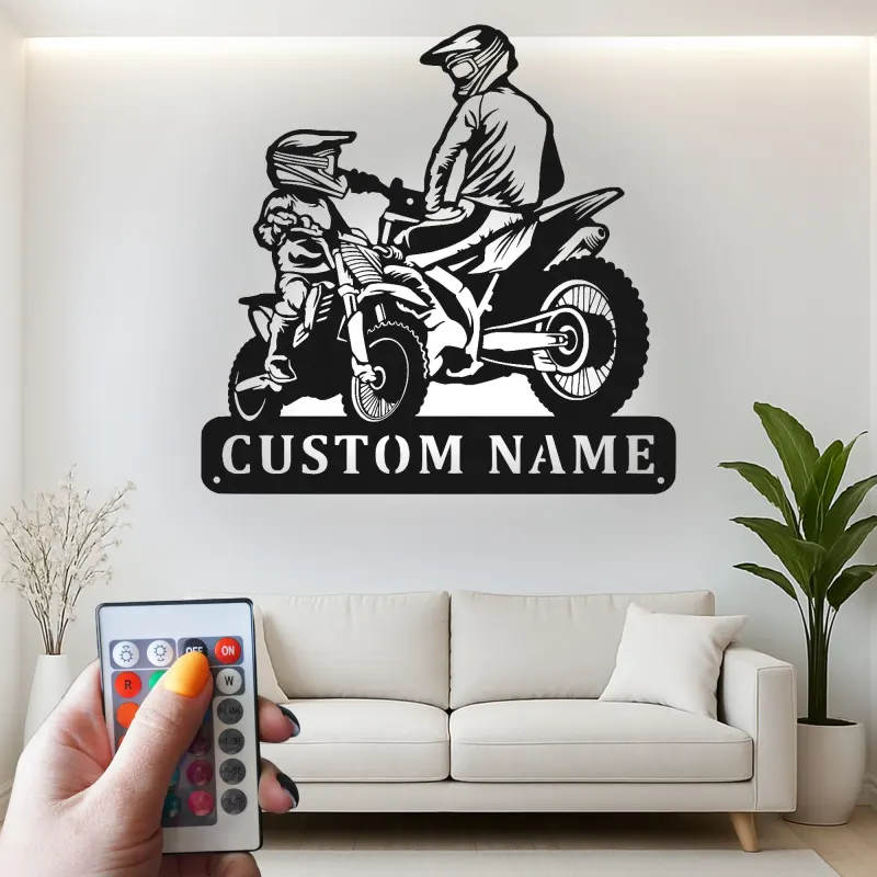 Custom Motocross Riders Led Light Metal Wall Art Personalized Gift for Dirt Bike Enthusiasts Man Cave Decor