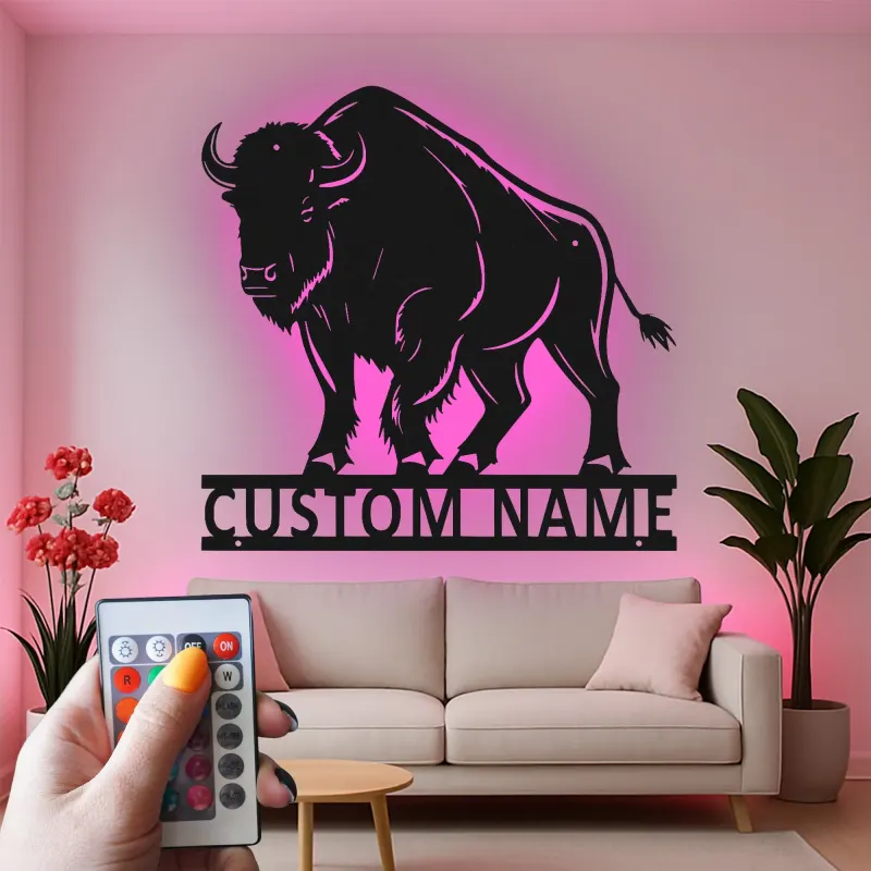 Insegna in metallo LED personalizzata con bisonte - Regalo per amanti della natura e decorazione rustica per il soggiorno