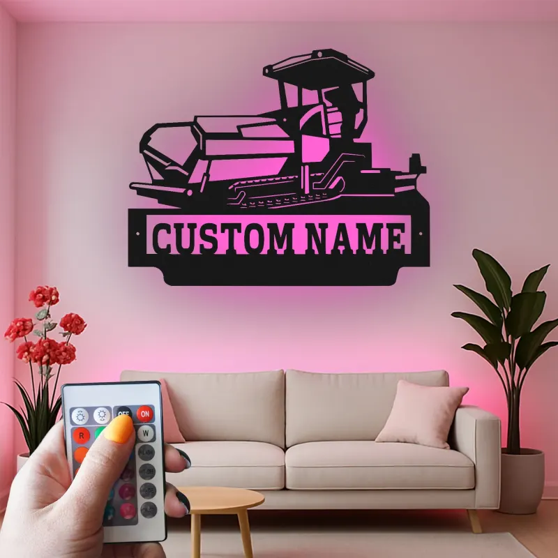 Décoration murale en métal personnalisée avec bulldozer rétroéclairé - Cadeau personnalisé pour passionné de construction - Décor de garage ou de bureau