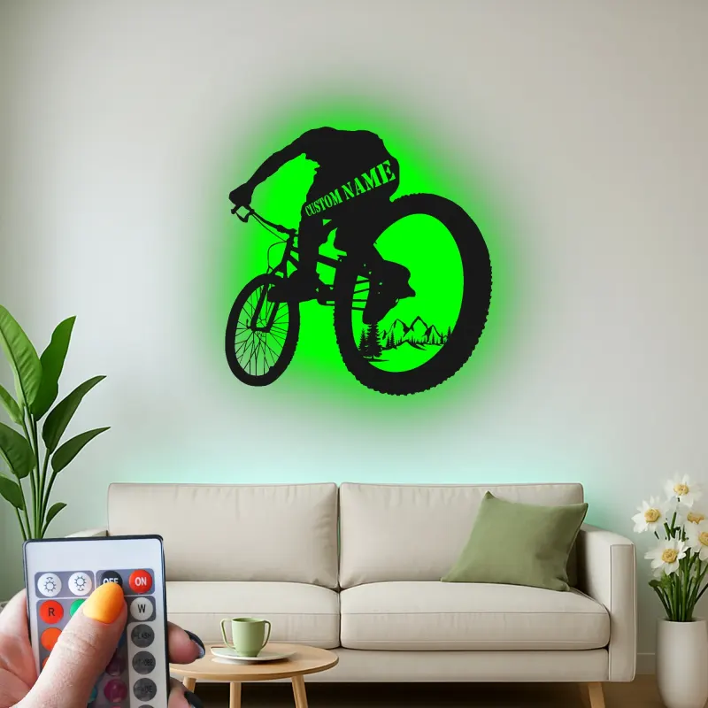 Insegna in Metallo per Mountain Biker Personalizzata | Arte da Parete LED per Ciclisti | Regalo per MTB e Decorazione Garage