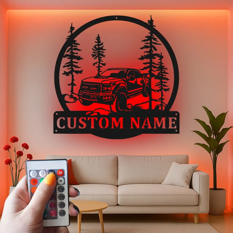 Décoration murale en métal personnalisée avec camion tout-terrain et rétroéclairage LED - Cadeau personnalisé pour passionnés de camions, décor de garage ou de man cave