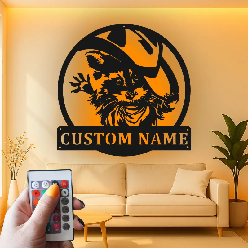 Décoration murale en métal personnalisée Raton laveur cowboy avec rétroéclairage