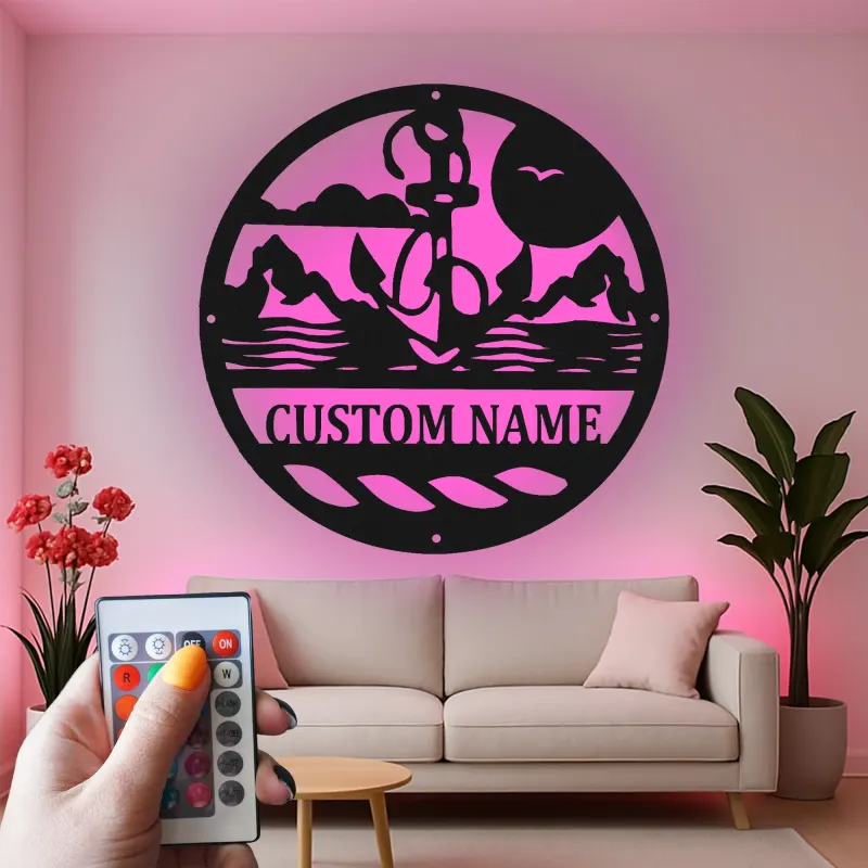 Art mural en métal LED personnalisé en forme d'ancre | Panneau de scène nautique personnalisé pour maison de plage | Cadeau déco océanique pour marins