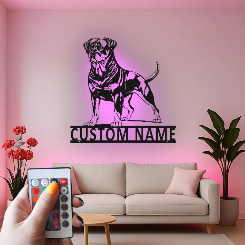 Rottweiler Custom Name Metal Sign | LED Light Pet Portrait Wall Art | Dog Lover Memorial Gift