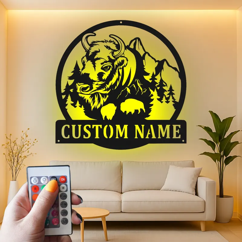Cartel de metal LED personalizado de Bisonte y Montaña, regalo para amantes de la naturaleza, decoración rústica de cabaña