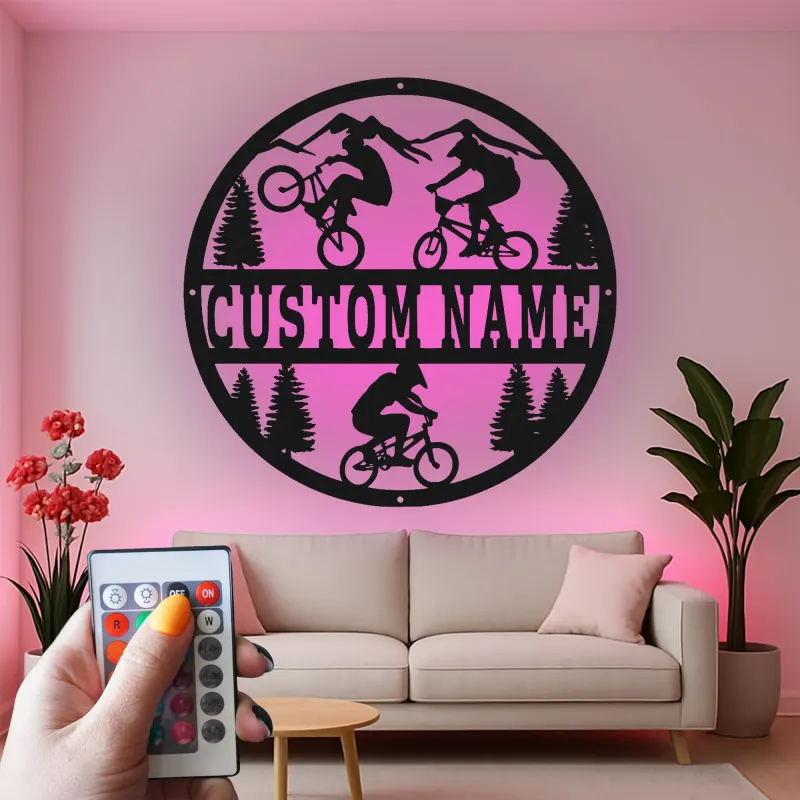 Custom BMX Cyclist Led Light Metal Wall Art Personalized Gift for Biking Enthusiasts Outdoor Adventure Decor