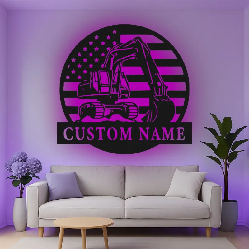 Cartel de metal LED personalizado de excavadora - Regalo para amante de la construcción - Decoración de cueva de hombre o garaje