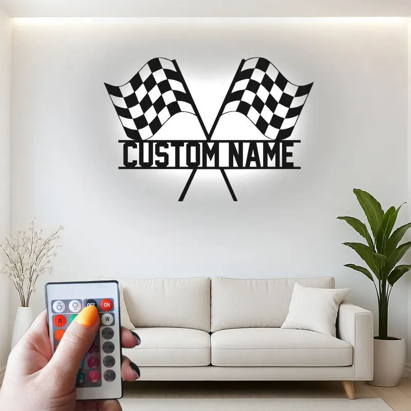 Cartel de metal LED personalizado de banderas de carreras - Regalo para entusiastas de los coches - Decoración para garajes o man caves 2