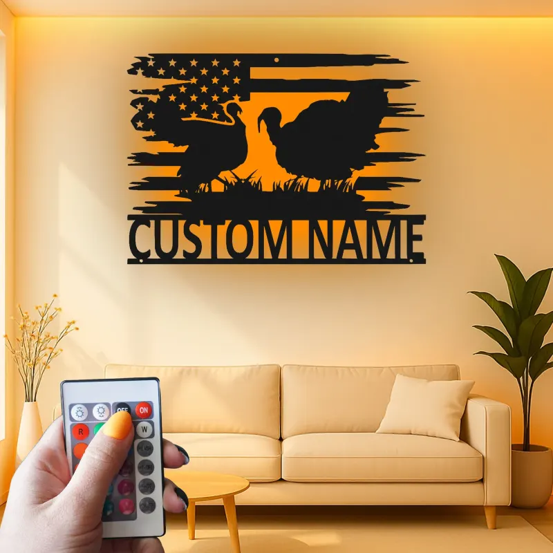 Décoration murale en métal personnalisée avec LED en forme de dinde et drapeau américain - Cadeau de ferme rustique