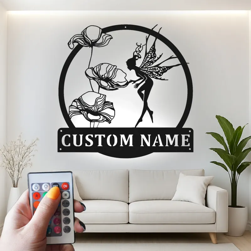 Insegna in metallo LED a forma di fata e fiori personalizzata - Regalo per amanti delle fate, decorazione incantevole per giardino