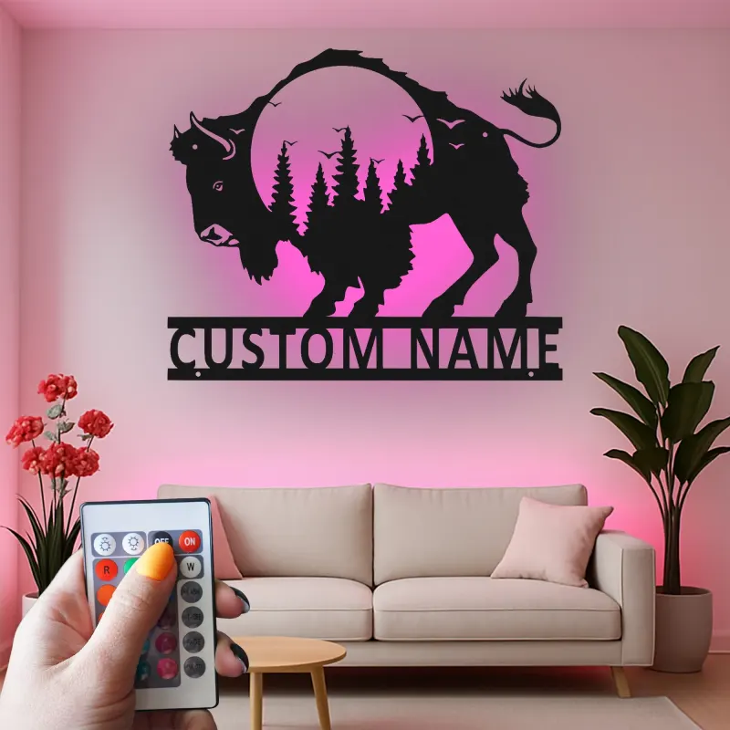 Insegna in metallo personalizzata con silhouette di bisonte retroilluminata LED regalo per amanti della fauna selvatica decorazione rustica per la casa