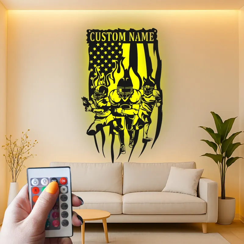 Insegna LED personalizzata per football | Insegna in metallo personalizzata | Decorazione sportiva con bandiera americana per man cave o camera teen