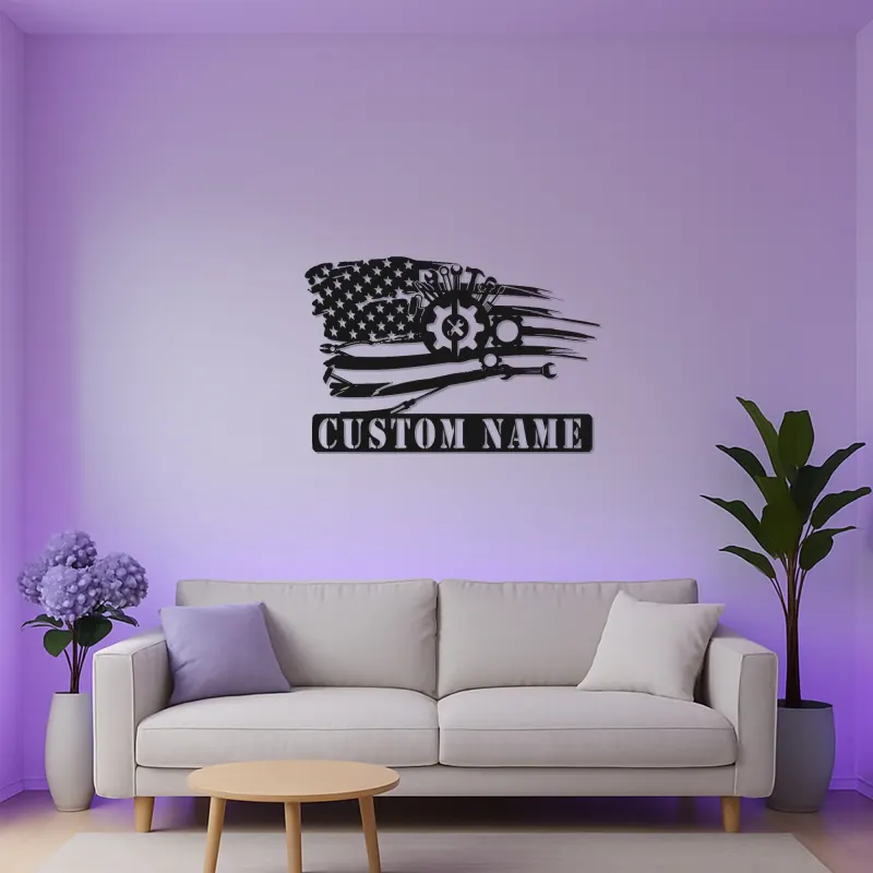Cartel de metal con bandera americana y mecánico | Decoración de garaje LED personalizada | Arte mural con nombre a medida para él