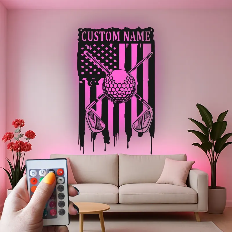Enseigne de golf personnalisée pour man cave | Décoration murale en métal sur mesure avec LED | Cadeau patriote pour golfeur