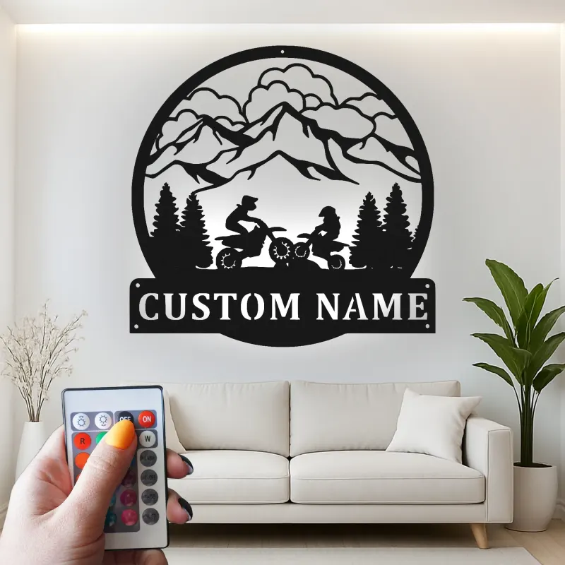 Custom Dirt Bike Mountain Scene Led Light Metal Wall Art Gift for Bikers Adventure Decor for Garage or Man Cave