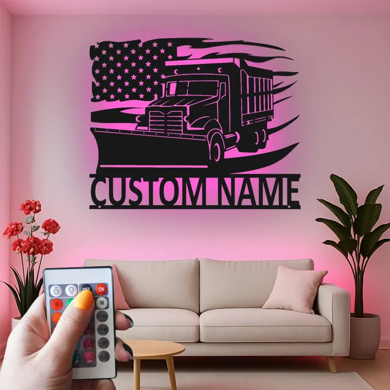 Insegna per Camion Spazzaneve Personalizzata | Arte da Parete in Metallo LED | Decorazione per Attrezzature Pesanti con Bandiera Americana | Regalo per Autista di Rimozione Neve