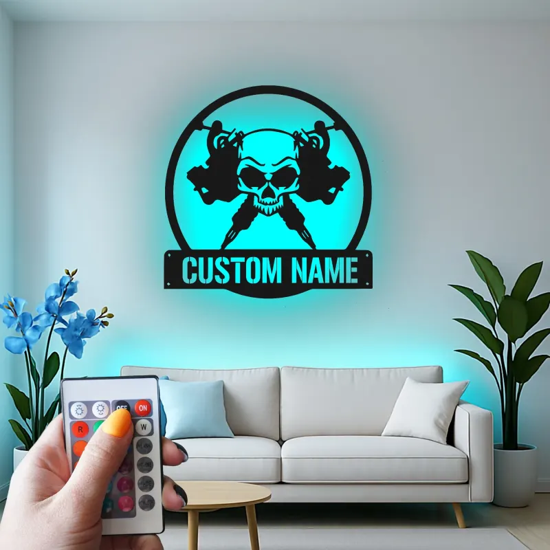 Personalisierte Skull LED-Leuchtschilder | Individuelles Metallschild für Tattoo-Studios | Edles Dekor für Tattoo-Studios und Künstlergeschenke