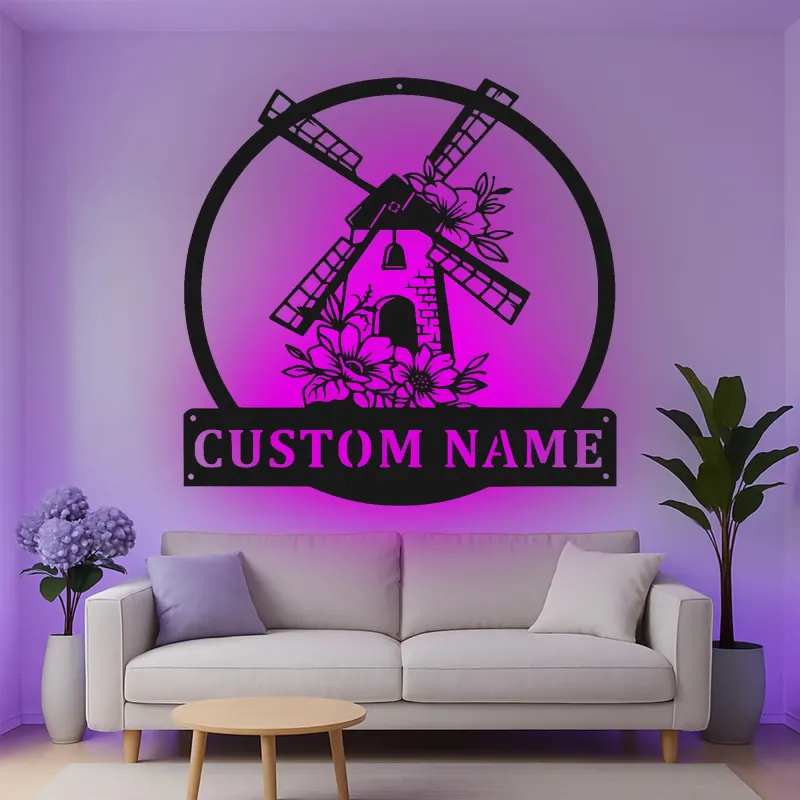 Cartel de metal personalizado con molino de viento, luz LED, regalo de inauguración rústico, decoración de granja 1