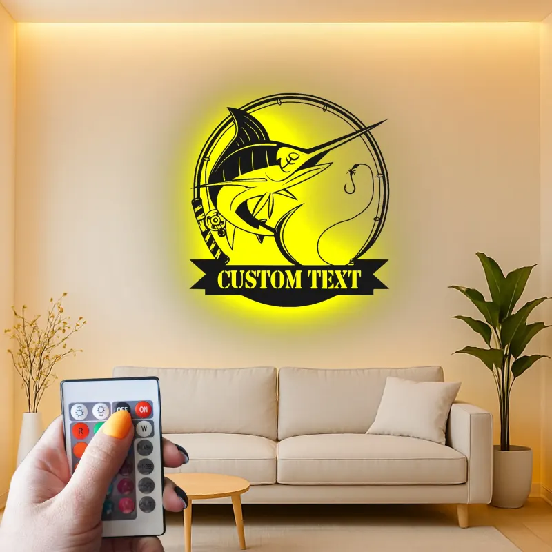 Insegna in Metallo LED Pesce Marlin Personalizzata | Insegna Decorativa per Pesca | Regalo per Pescatore per Man Cave o Cabina