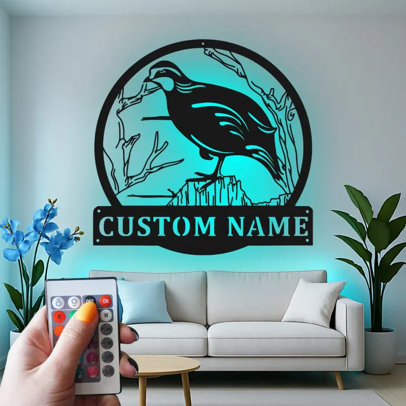 Cartel de metal personalizado de codorniz de California | Arte mural iluminado con LED de vida silvestre | Decoración personalizada para cabañas | Regalo rústico para el hogar