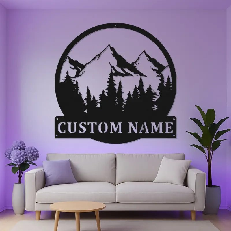Personalized Mountain Metal Wall Art | LED Backlit Nature Scene for Cabin Decor | Custom Family Name Sign