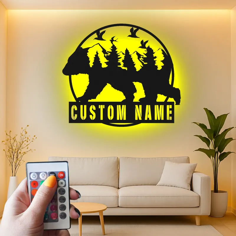 Custom Bear Forest Led Light Metal Wall Art Personalized Gift for Nature Lovers Cabin or Lodge Decor 1