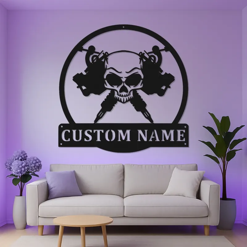 Cartel LED de estudio de tatuajes personalizado | Arte mural de calavera de metal personalizado | Regalo de placa de nombre para artistas de tatuajes