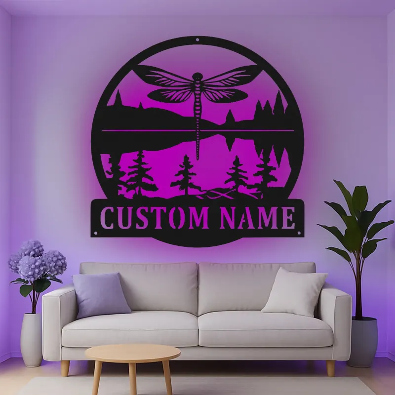 Cartel de metal personalizado Escena de Lago con Libélulas y Luz LED Regalo Personalizado para Amantes de la Naturaleza Decoración para Cabaña o Sala de Estar