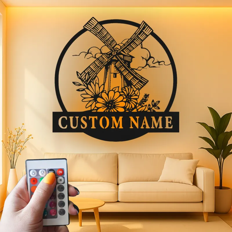 Personalisiertes LED-Metallschild mit Windmühlen-Motiv – Rustikales Geschenk für das Wohnzimmer