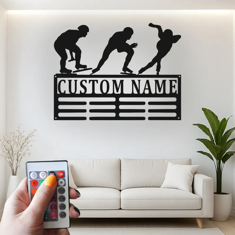 Individuelle LED Metall-Wandkunst für Eisschnelllauf | Personalisierte Silhouette eines Eiskunstläufers & Medaillenhalter | Geschenk für Sportler